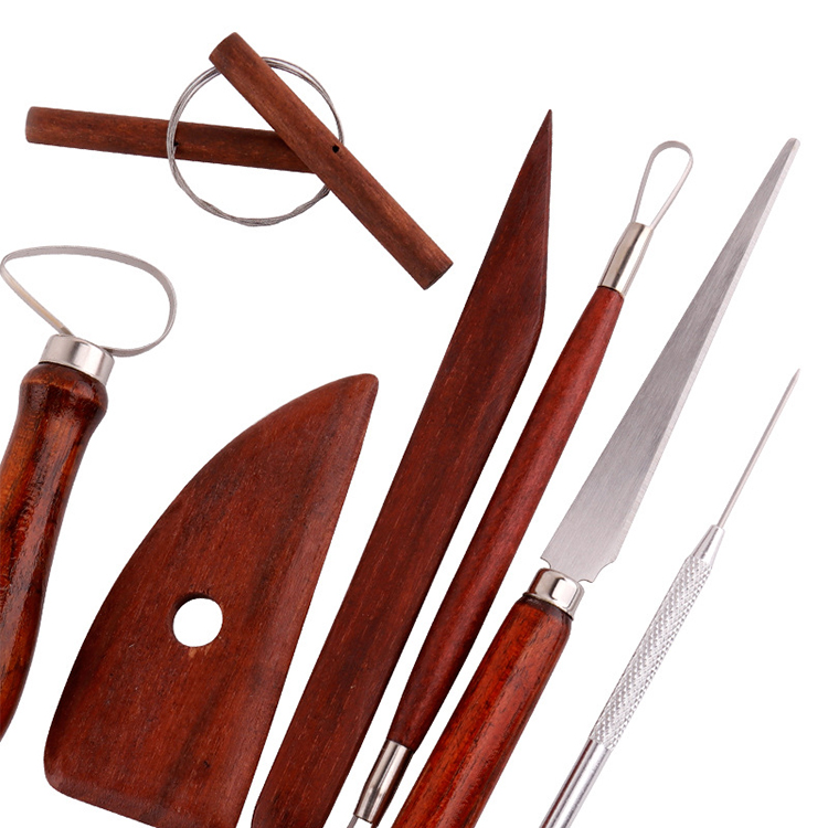 9pcs Red Wooden Handle Clay And Pottery Tool Kit